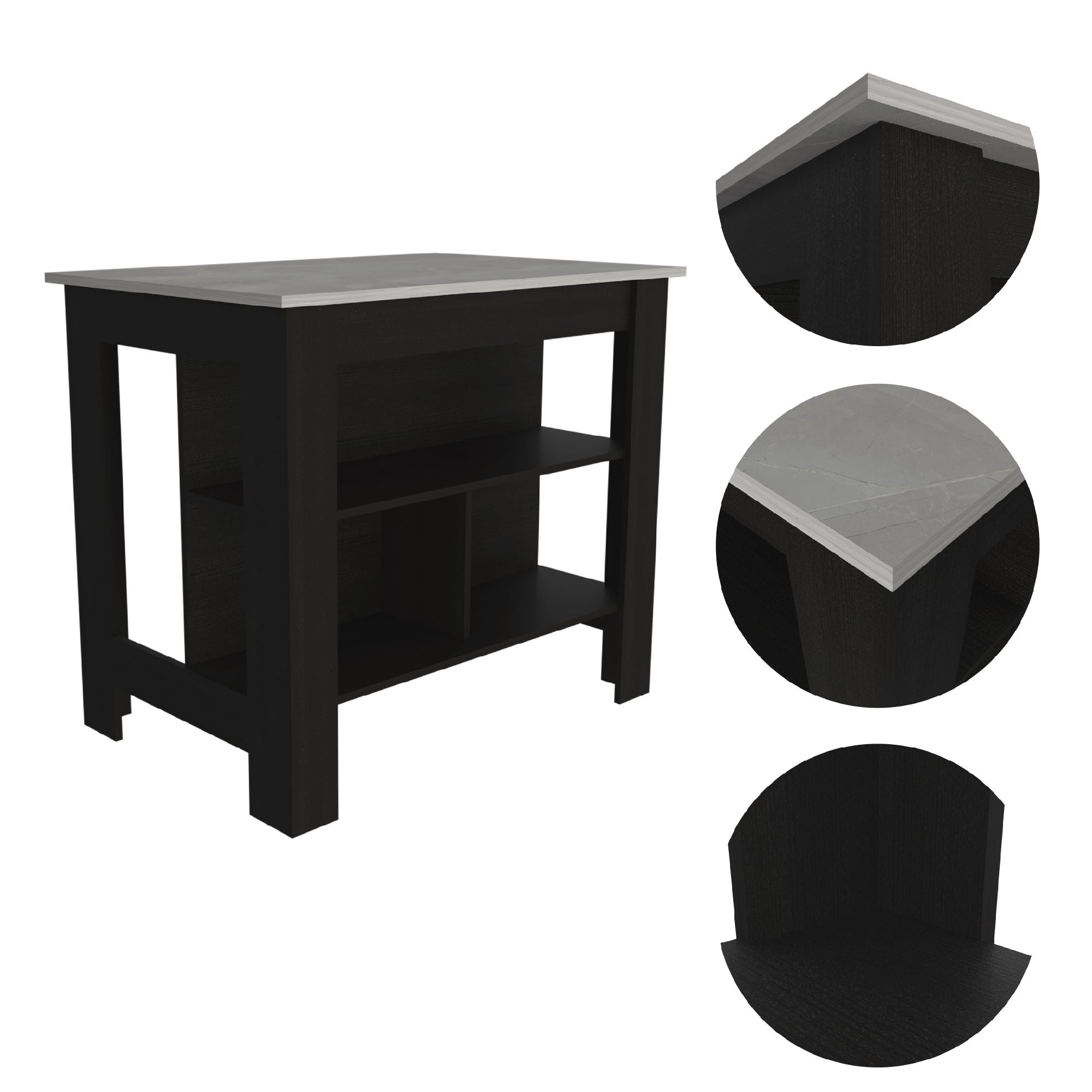 Cala Kitchen Island; Four Legs; Three Shelves -Black / Ibiza Marble Doba
